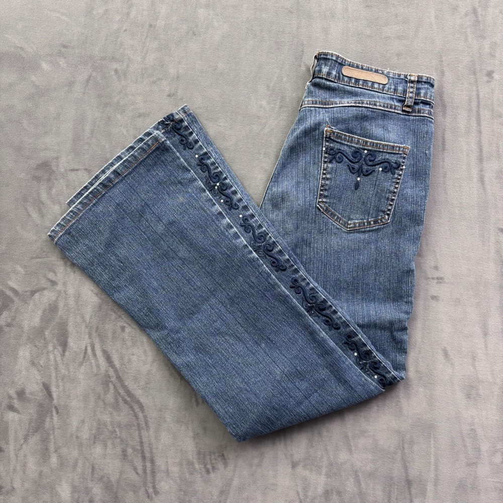 Y2K Cos Jeans Womens Blue Embroidered Rhinestone Bootcut Stretch Denim Size 8
